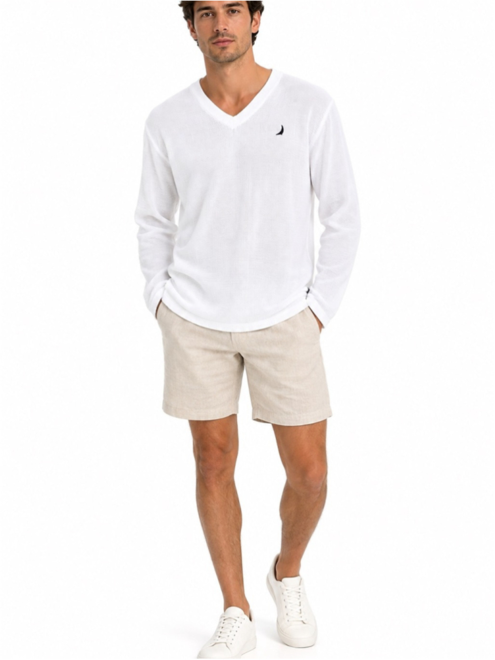 Blanc du Nil Men’s White Cotton V-Neck Lightweight Textured Pullover Shirt S